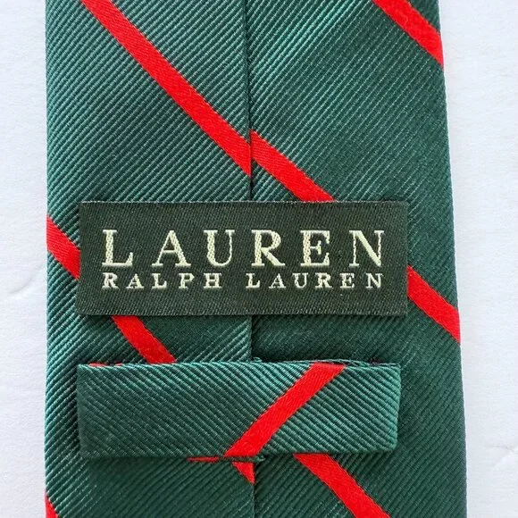 Vintage Lauren Ralph Lauren Green Red Striped Silk Tie Crest Design 100% Silk - Picture 3 of 4